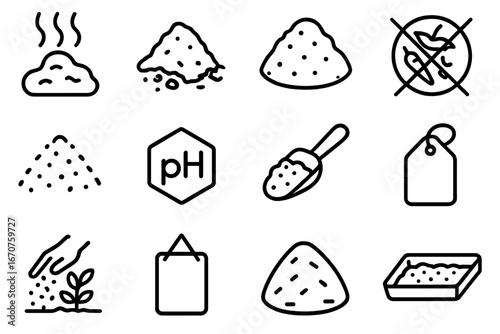 Compost Maturity Icons. Line style icons of compost maturity signs: earthy smell icon, crumbly texture, deep brown color, absence