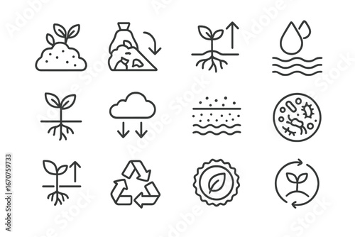 Composting Benefits Icons. Line style icons of composting benefits: nutrient-rich soil icon, landfill waste reduction, plant