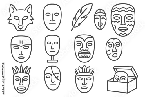 Ceremonial Mask Icons. Line style icons of ceremonial masks: animal spirit mask, wooden mask base, feather decoration, painted