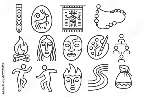 Storytelling Craft Icons. Line style icons of storytelling crafts: carved story stick, painted tale rock, woven myth tapestry,