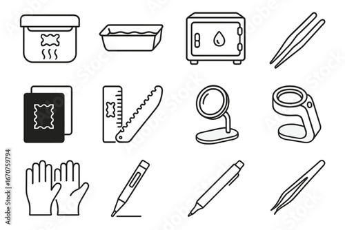 Philately Tools Icons. Line style icons of philately tools: UV lamp for stamps, watermark tray, humidity control box, stamp tongs