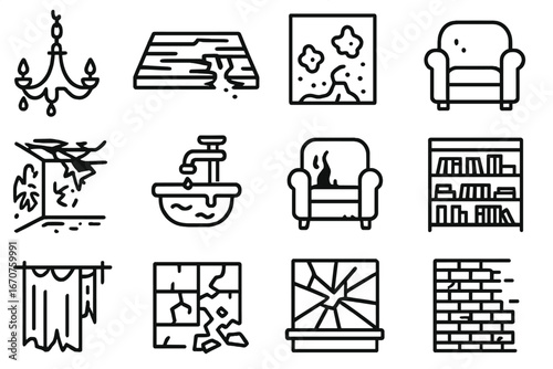 Decayed Interior Icons. Line style icons of decayed interiors: broken chandelier, rotting wood floor, mold wall icon, collapsed