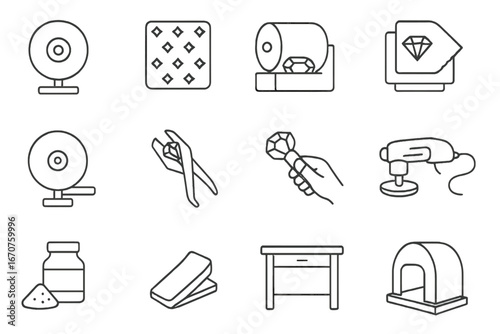 Gemstone Polishing Icons. Line style icons of gemstone polishing tools: polishing wheel, diamond grit pad, gemstone tumbler,