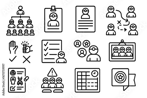 Cave Team Coordination Icons. Line style icons of cave team coordination: team formation chart, caver ID badge, safety briefing