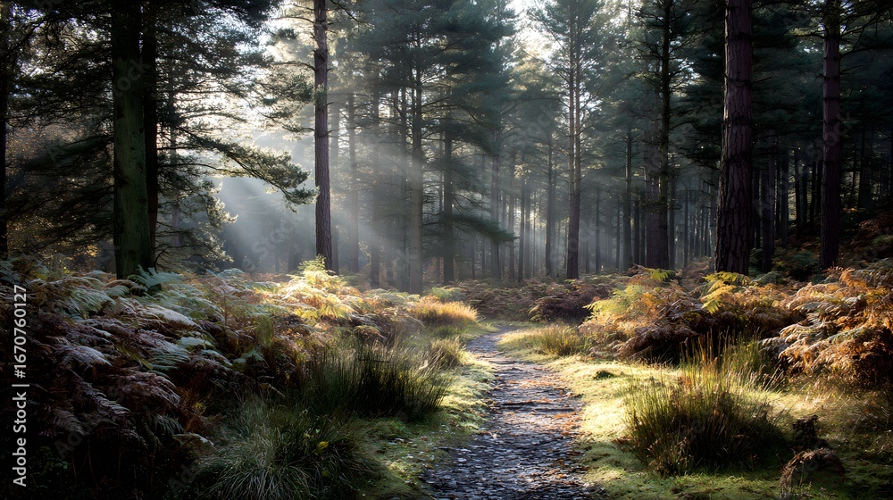 Obraz premium Sunbeams pierce the misty woodland path, illuminating a tranquil forest scene.