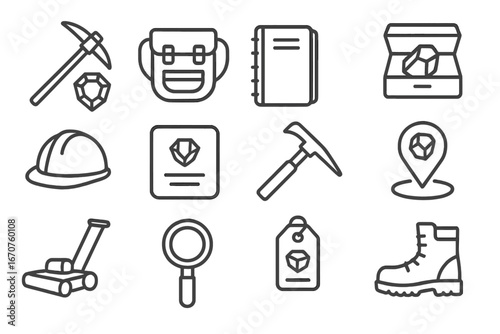 Wallpaper Mural Gem Field Exploration Icons. Line style icons of gem field exploration: gemstone pickaxe, field bag icon, site journal, sample box Torontodigital.ca