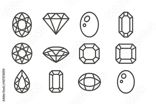 Birthstone Icons. Line style icons of birthstones and zodiac gems: January garnet, April diamond, October opal, November topaz,