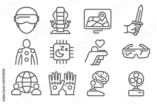 Futuristic Gaming Icons. Line style icons of futuristic gaming gear: immersive visor helmet, 4D haptic chair, real-world overlay