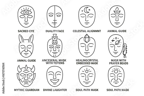 Spiritual Masks Icons. Line style icons of spiritual masks and symbols: sacred eye mask, duality face mask, celestial alignment