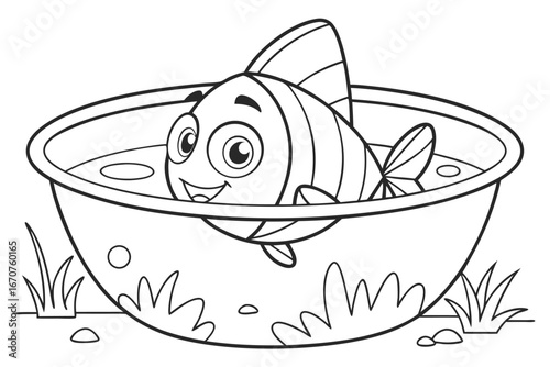 black and white illustration shows a cheerful, cartoon fish swimming in a round fishbowl