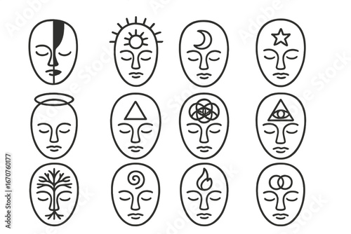 Spiritual Symbolism Masks. Line style icons of masks with spiritual symbolism: balance of light and dark mask, solar flare mask,
