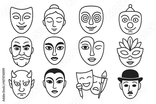 Performance Masks Icons. Line style icons of performance-inspired masks: opera mask, ballet mask, theatrical illusion mask, circus