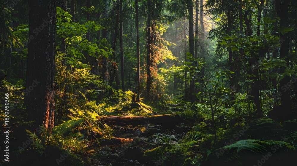 Obraz premium Sunlight filters through a dense forest, illuminating mossy ground and towering trees.
