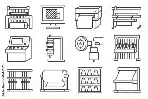 Weaving Technology Icons. Line style icons of modern textile weaving: power loom icon, CAD weaving pattern, textile printer,