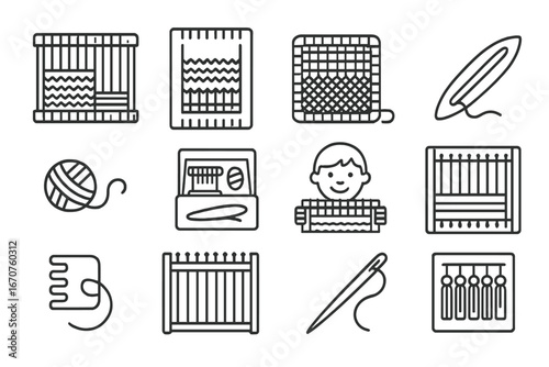 Small-Scale Weaving Icons. Line style icons of small-scale weaving: lap loom, cardboard loom, potholder loom, handheld shuttle,