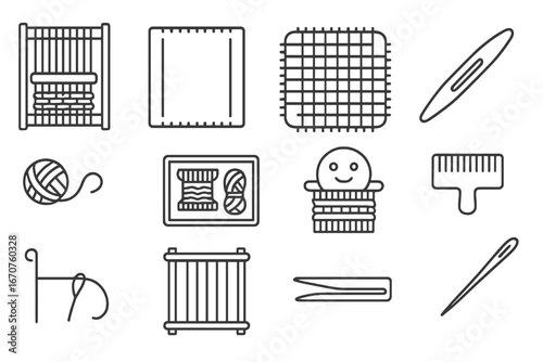 Small-Scale Weaving Icons. Line style icons of small-scale weaving: lap loom, cardboard loom, potholder loom, handheld shuttle,