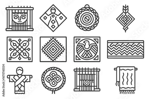 Ancient Weaving Symbols. Line style icons of ancient weaving symbols: loom god symbol, fertility weave motif, protective fiber