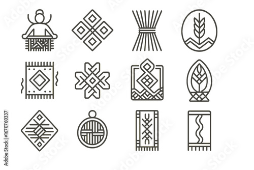 Ancient Weaving Symbols. Line style icons of ancient weaving symbols: loom god symbol, fertility weave motif, protective fiber