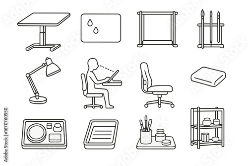 Calligraphy Workspace Icons. Line style icons of calligraphy workspace setup: adjustable desk icon, ink-resistant table mat,