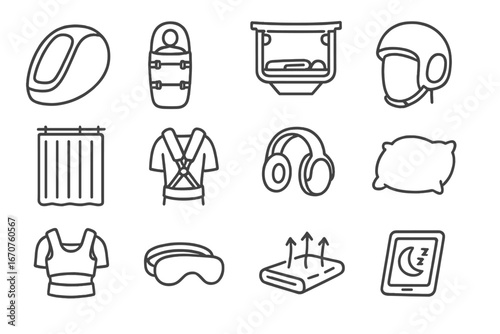 Zero-Gravity Sleep Icons. Line style icons of zero-gravity sleep systems: sleeping pod shell, sleeping bag with anchor straps,