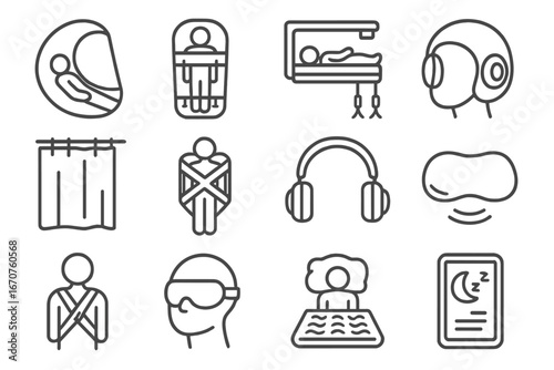 Zero-Gravity Sleep Icons. Line style icons of zero-gravity sleep systems: sleeping pod shell, sleeping bag with anchor straps,