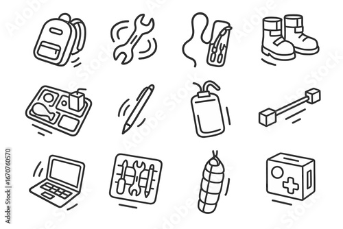 Zero-Gravity Icons. Line style icons of zero-gravity items: floating backpack, spinning wrench, tethered toolset, magnetic boots,