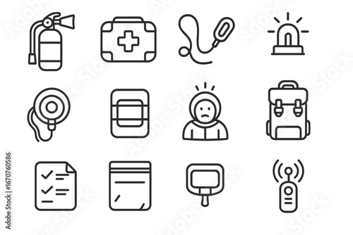 Zero-Gravity Safety Icons. Line style icons of zero-gravity emergency equipment: portable fire extinguisher, sealed medical kit,