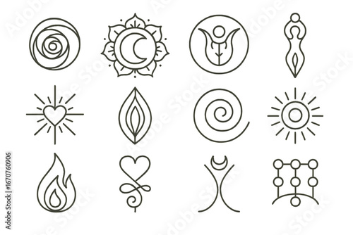 Feminine Sacred Geometry Icons. Line style icons of feminine sacred geometry: rose spiral, moon mandala, womb circle icon, goddess