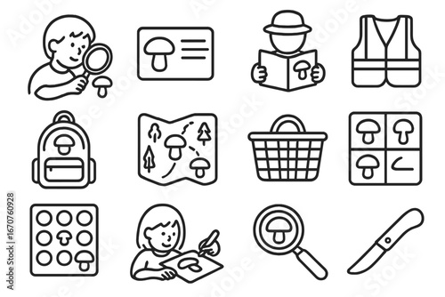 Kids Mushroom Foraging Icons. Line style icons of children learning mushroom foraging: child with magnifying glass, cartoon
