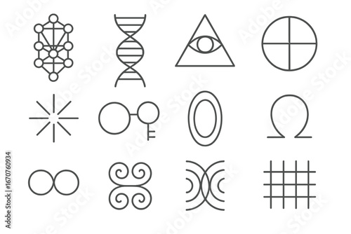 Geometric Symbol Icons. Line style icons of universal symbols in geometry: tree of life grid, DNA helix spiral, eye of providence,