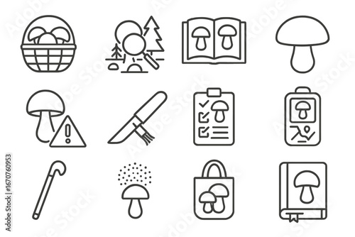 Mushroom Foraging Icons. Line style icons of mushroom foraging: basket with mushrooms, forest ground scan, mushroom identification