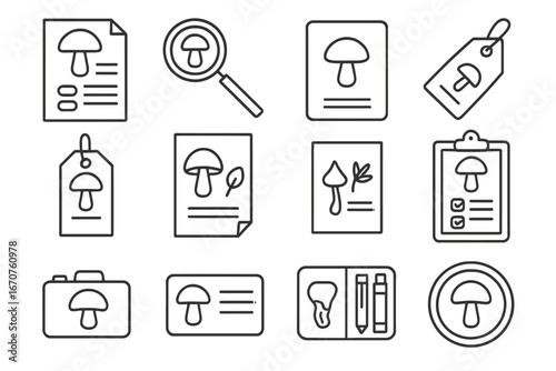 Mushroom Documentation Icons. Line style icons of mushroom documentation: labeled mushroom sheet, ID process icon, digital fungi