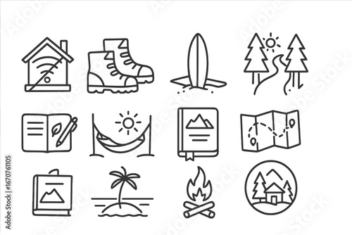 Vacation Icon Collection. Line style icons of vacation and digital reset: no-wifi cabin icon, hiking boots symbol, surfboard rest,