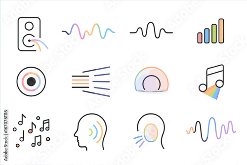 Chromesthesia Line Icons. Line style icons of chromesthesia exploration: audio input box, colored echo line, soundband overlay,