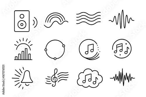 Chromesthesia Line Icons. Line style icons of chromesthesia exploration: audio input box, colored echo line, soundband overlay,