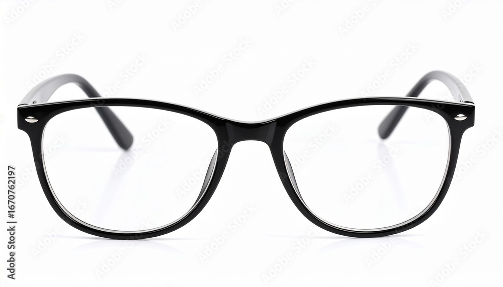 Fototapeta premium Classic black full-rim eyeglasses with slightly rounded rectangular lenses, straight temples, and a clean light background, showcasing everyday fashion and optical style.