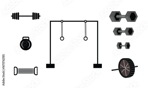 CrossFit and fitness equipment icons including dumbbells, kettlebell, barbell, gym rings, resistance band, and ab wheel. Perfect for fitness, workout, and training design projects.