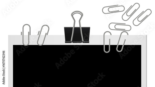 Realistic Paper Clip and Bulldog Clip with Paper and Photo – Stationery Paper Holder Mockup for Office, Document, and Photography Use – Vector Illustration