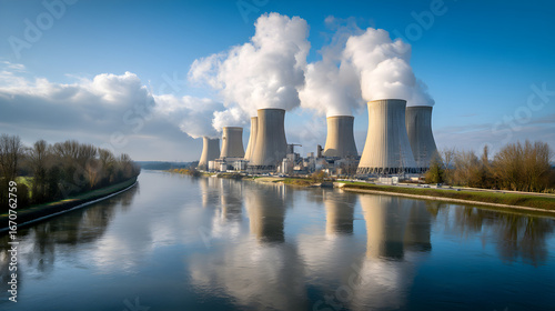 Nuclear power plant with cooling towers emitting steam, reflected in a river under blue sky. Modern energy infrastructure.