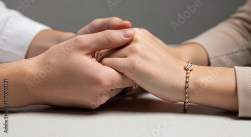 Caucasian male and female hands holding each other with love and compassion