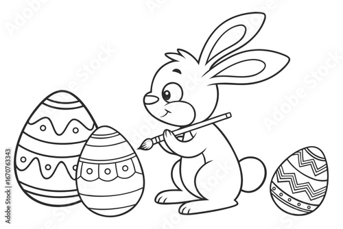 black and white line drawing of a cute cartoon bunny painting Easter eggs.