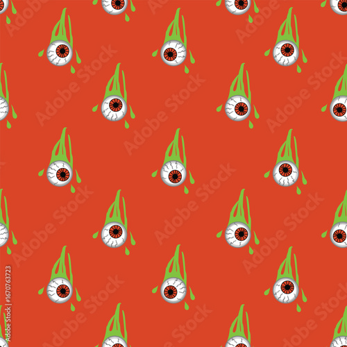 Halloween seamless pattern with disgusting zombie eyes. Cartoon object with pupil, cracks and mucus. Orange and green colors. Vector design for printing on fabric and paper. Endless wallpaper, cover.