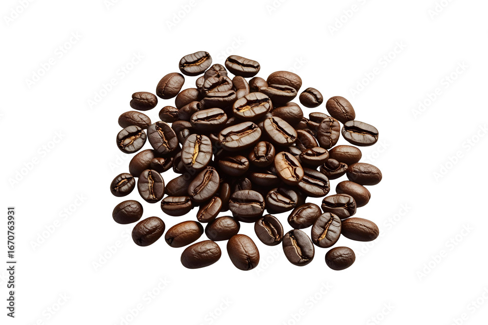 Naklejka premium a small mound of coffee beans, presenting diverse tones, demonstrating their surface textures, and the form of roasted coffee beans with shadow effects.