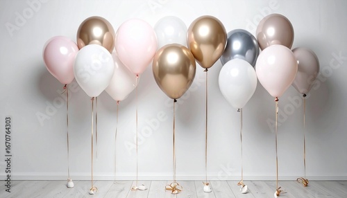 Colorful helium balloons in gold, white, pink, silver, and beige with ribbons and white weights, arranged in a festive row on white wall and wooden floor.