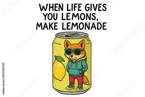 Cute fox character wearing sunglasses on lemonade can with motivational quote about positivity and resilience