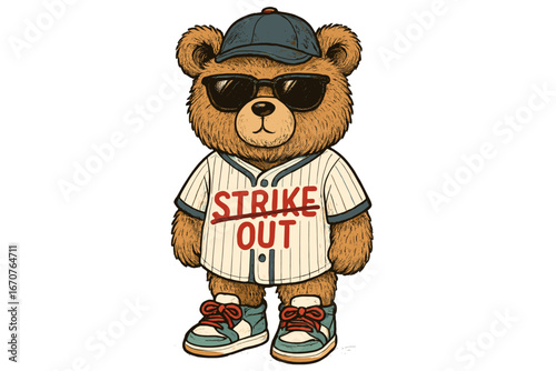 Cute bear character wearing baseball attire and sunglasses, posing confidently in playful urban style