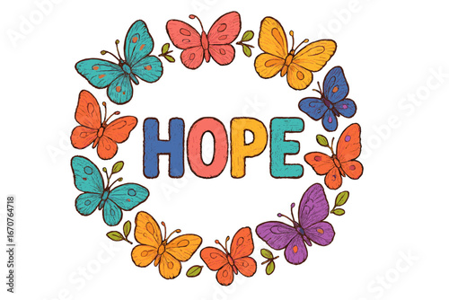 Colorful butterflies and the word hope create a vibrant display of positivity and inspiration