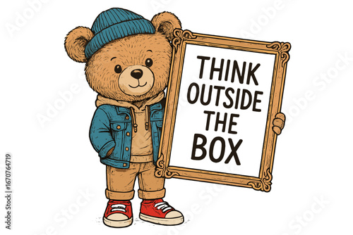 Cute teddy bear character holding a sign with a motivational phrase in a playful and colorful design