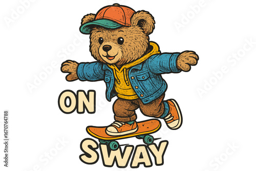 Cute bear skateboarding in colorful clothing on a sunny day at a park with friends having fun