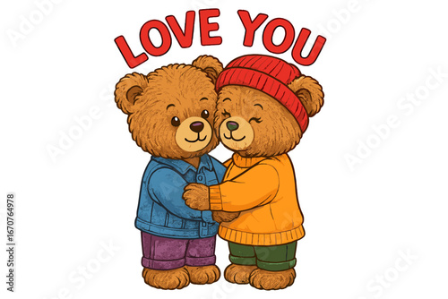 Two cute bears expressing love while embracing each other in colorful sweaters during a cheerful moment